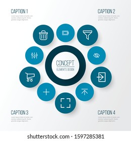 Interface icons line style set with entrance, charge, shopping and other cart elements. Isolated vector illustration interface icons.
