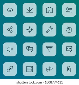 Iconos de interfaz de línea de estilo establecido con el centro de datos, el pin, el mensajero y otros elementos de reparación. Iconos de interfaz de ilustración vectorial aislados.