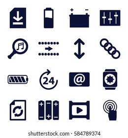 interface icons set. Set of 16 interface filled icons such as 24 hours, reload, touchscreen, email, sliders, serach music, file, play, battery, arrow, chain