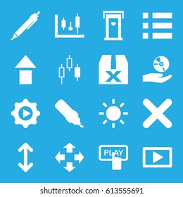 Interface icons set. set of 16 interface filled icons such as door with heart, Finger pressing play button, pen, play in gear, CD on hand, cross, contrast, play, arrow