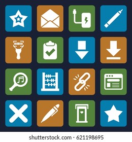 Interface icons set. set of 16 interface filled icons such as door with heart, pen, bar code scanner, envelope, browser, serach music, download, cross, star, battery, abacus
