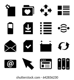 Interface icons set. set of 16 interface filled icons such as folder with heart, update, envelope, email, browser, menu, file, battery, atom interaction, pointer, move
