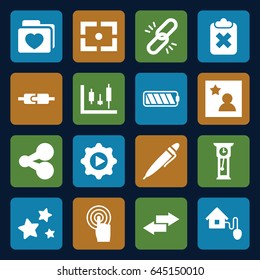 Interface icons set. set of 16 interface filled icons such as folder with heart, touchscreen, play in gear, pen, star, favorite photo, smart home, battery, center focus