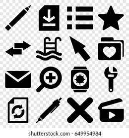 Interface icons set. set of 16 interface filled icons such as pen, reload, wrench, folder with heart, file, cross, zoom in, swimming pool, star, play, pointer