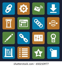 Interface icons set. set of 16 interface filled icons such as door with heart, pen, browser, sliders, download, menu, play in gear, favourite user, mail, chain, pendulum