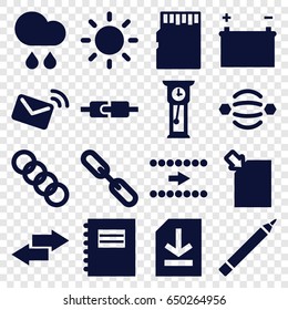 Interface icons set. set of 16 interface filled icons such as pen, chain, file, contrast, rain, battery, mail, memory card, pendulum, arrow, atom interaction, notepad