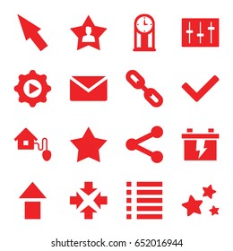 Interface icons set. set of 16 interface filled icons such as battery, sliders, menu, play in gear, favourite user, star, smart home, tick, pointer, pendulum, mail, move