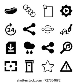 Interface Icons Set. Set Of 16 Interface Filled And Outline Icons Such As 24 Hours, Door With Heart, Hot Dog, Warning, Serach Music, Play In Gear, File, Ink Pen, Rain