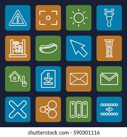 interface icons set. Set of 16 interface outline icons such as hot dog, warning, bar code scanner, file, mail, cross, contrast, smart home, center focus, battery, pendulum