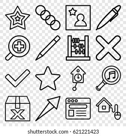 Interface icons set. set of 16 interface outline icons such as pen, browser, serach music, cross, star, zoom in, favorite photo, smart home, chain, tick, pendulum, abacus