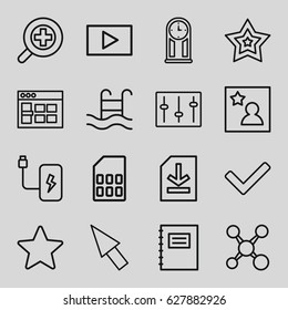 Interface icons set. set of 16 interface outline icons such as sliders, file, star, zoom in, play, favorite photo, swimming pool, battery, memory card, tick, pointer, pendulum