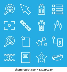 Interface icons set. set of 16 interface outline icons such as hot dog, chain, favourite user, star, zoom in, user search, battery, center focus, pendulum, pointer, notepad