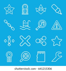 Interface icons set. set of 16 interface outline icons such as man move, warning, chain, serach music, favourite user, cross, zoom in, wrench, swimming pool, star, memory card