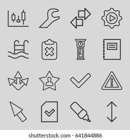 Interface icons set. set of 16 interface outline icons such as warning, play in gear, file, favourite user, wrench, swimming pool, arrow, tick, pointer, pendulum, notepad, pen