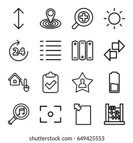 Interface icons set. set of 16 interface outline icons such as 24 hours, map location, serach music, menu, favourite user, contrast, zoom in, smart home, arrow, center focus