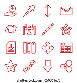 Interface icons set. set of 16 interface outline icons such as pen, update, cd on hand, file, star, arrow, battery, browser window, mail, chain, move, share, box