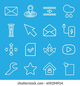 Interface icons set. set of 16 interface outline icons such as man move, map location, envelope, file, mail, wrench, lock home, rain, star, battery, play, pendulum, pointer
