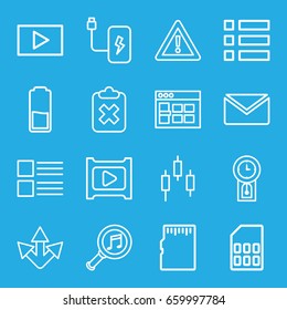 Interface icons set. set of 16 interface outline icons such as warning, serach music, play, battery, memory card, pendulum, browser window, mail, menu, control panel