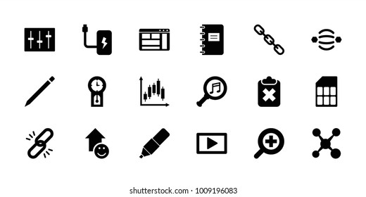 Interface icons. set of 18 editable filled interface icons: chain, clipboard with cross, share, atom interaction, sliders, serach music, zoom in, play, battery, memory card