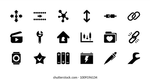 Interface icons. set of 18 editable filled interface icons: wrench, chain, panel control, arrow, folder with heart, plug in power socket, pen, lock home, play, battery