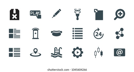 Interface icons. set of 18 editable filled interface icons: 24 hours, menu, control panel, bar code scanner, email, download document, zoom in, swimming pool, door with heart