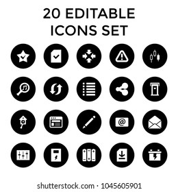 Interface icons. set of 20 editable filled interface icons such as door with heart, battery, pen, move, share, control panel. best quality interface elements in trendy style.