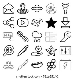Interface icons. set of 25 editable outline interface icons such as star, map location, hot dog, atom interaction, bar code scanner, envelope, sliders, download, cd on hand