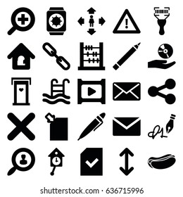 Interface icons set. set of 25 interface filled icons such as door with heart, pen, man move, hot dog, warning, bar code scanner, chain, cd on hand, file, ink pen, mail, cross