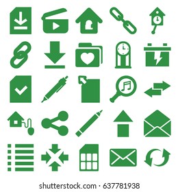 Interface icons set. set of 25 interface filled icons such as pen, battery, folder with heart, chain, update, envelope, serach music, download, menu, file, mail, lock home