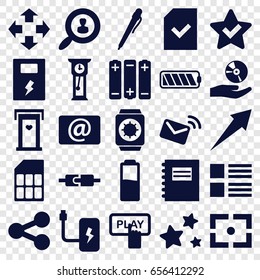 Interface icons set. set of 25 interface filled icons such as door with heart, finger pressing play button, email, cd on hand, file, star, battery, user search, mail