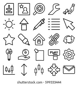 interface icons set. Set of 25 interface outline icons such as Finger pressing play button, pen, wrench, update, menu, play in gear, CD on hand, file, ink pen, contrast