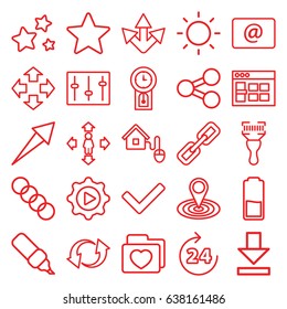 Interface icons set. set of 25 interface outline icons such as 24 hours, man move, map location, bar code scanner, folder with heart, update, email, sliders, download