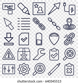Interface icons set. set of 25 interface outline icons such as pen, finger pressing play button, map location, warning, chain, sliders, download, menu, play in gear, file