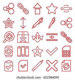 Interface icons set. set of 25 interface outline icons such as pen, reload, chain, file, favourite user, cross, star, zoom in, arrow, memory card, tick, battery