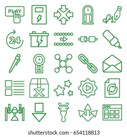 Interface icons set. set of 25 interface outline icons such as 24 hours, finger pressing play button, reload, battery, bar code scanner, chain, envelope, play in gear, ink pen