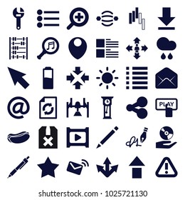 Interface icons. set of 36 editable filled interface icons such as finger pressing play button, reload, wrench, pen, pointer, move, share, hot dog, arrow up, box