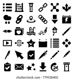 Interface icons. set of 36 editable filled interface icons such as door with heart, pen, pointer, abacus, arrow down, clipboard with tick, menu, share, atom interaction