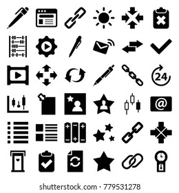 Interface icons. set of 36 editable filled interface icons such as 24 hours, door with heart, menu, chain, move, pen, panel control, control panel, clipboard with tick