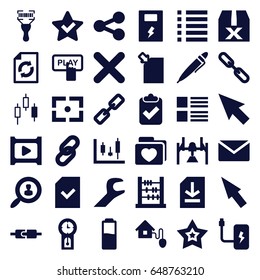 Interface icons set. set of 36 interface filled icons such as finger pressing play button, reload, bar code scanner, folder with heart, chain, menu, file, pen, cross, star