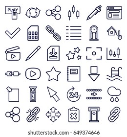Interface icons set. set of 36 interface outline icons such as 24 hours, door with heart, finger pressing play button, pen, chain, update, browser, menu, file, star