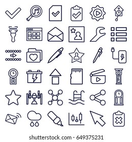 Interface icons set. set of 36 interface outline icons such as battery, bar code scanner, folder with heart, envelope, serach music, play in gear, file, favourite user, pen