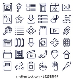 Interface icons set. set of 36 interface outline icons such as 24 hours, door with heart, reload, touchscreen, browser, serach music, download, menu, ink pen, favourite user