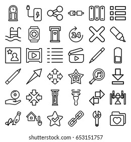 Interface icons set. set of 36 interface outline icons such as 24 hours, door with heart, pen, wrench, bar code scanner, folder with heart, serach music, download, menu