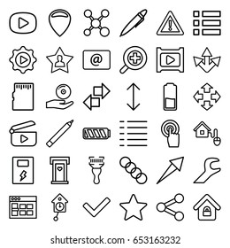 Interface icons set. set of 36 interface outline icons such as door with heart, pen, warning, bar code scanner, touchscreen, email, menu, play in gear, cd on hand