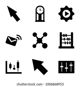 Interface icons. set of 9 editable filled interface icons such as abacus, panel control, share, sliders, play in gear, mail, pointer