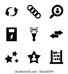 interface icons set. Set of 9 interface filled icons such as bar code scanner, update, favourite user, star, battery, user search, chain, arrow