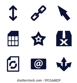 interface icons set. Set of 9 interface filled icons such as reload, email, star, arrow, memory card, pointer, question box