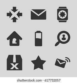 Interface icons set. set of 9 interface filled icons such as lock home, user search, mail, battery, wrist watch with sun, star, question box