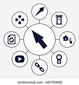 Interface icons set. set of 9 interface filled icons such as door with heart, reload, chain, smart home, play, pointer, pendulum, arrow