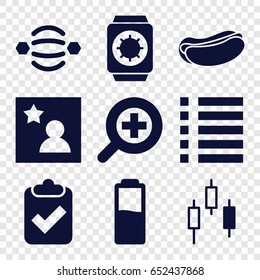 Interface icons set. set of 9 interface filled icons such as hot dog, menu, zoom in, favorite photo, battery, wrist watch with sun, atom interaction, control panel